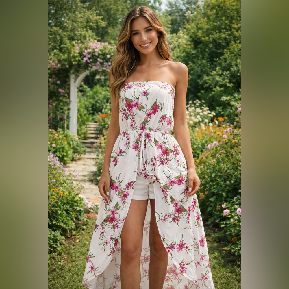 🌸White Floral Jumpsuit Papaya Size L | Long Sleeveless Dress with Short, cool🌸🌴